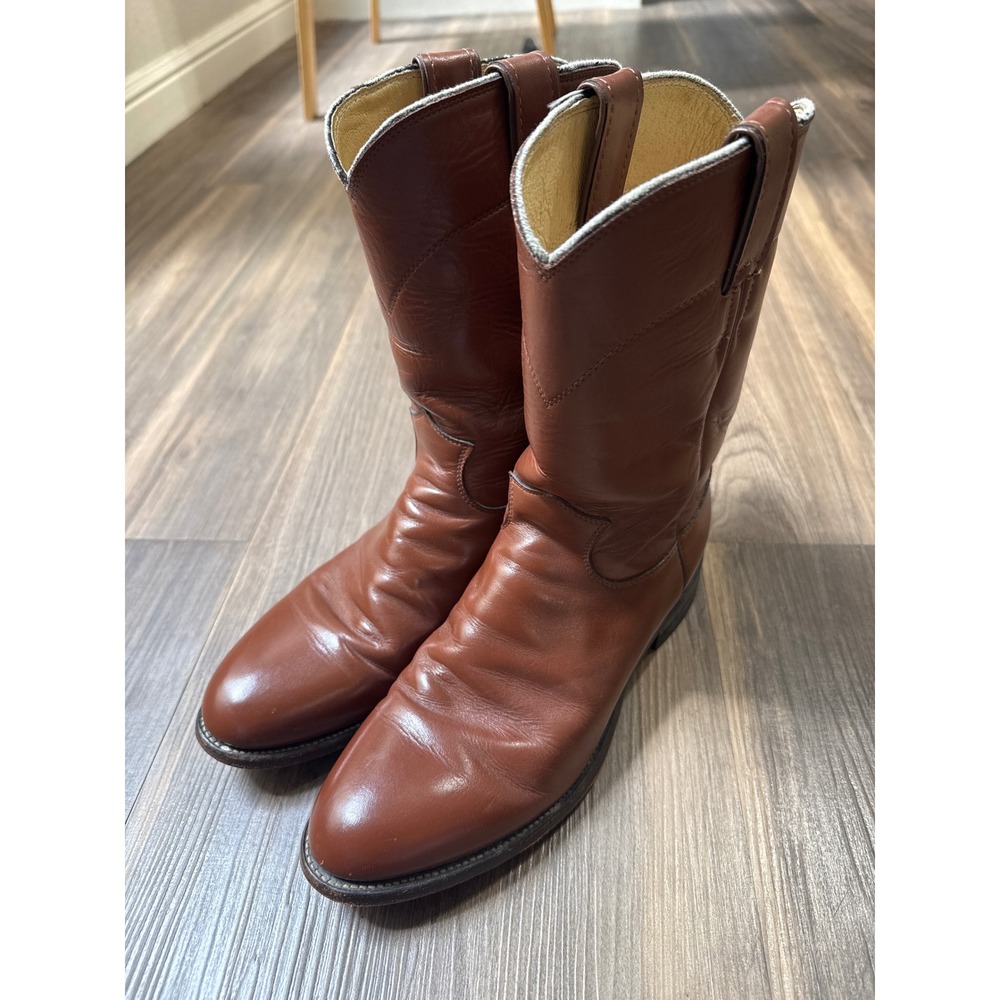 Justin Roper Boots Mens 8.5 D Brown Leather Vintage Western Round Toe USA Made
